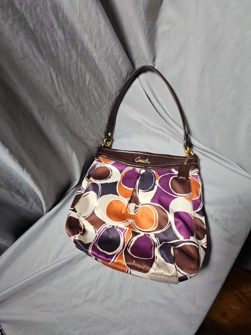 Coach Multicolor Satin Op Art Print Shoulder Bag with Brown Leather Trim